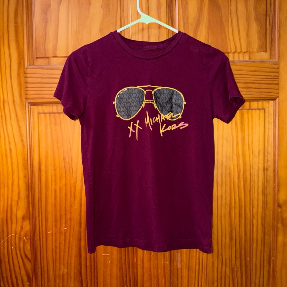 Cute Michael Kors Maroon Xsmall T-shirt featuring a fun logo sunglasses design